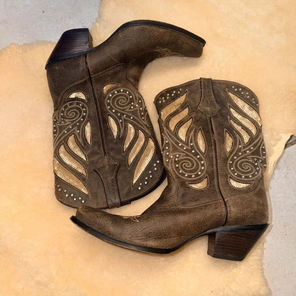 Durango Crush Bling Leather Western Cowboy Boots Gold Sequins Rhinestones - Picture 3 of 7